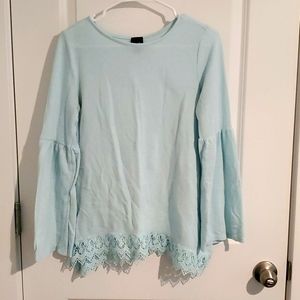 Girls Pastel Blue Bell Sleeve, Lace Fringe top
